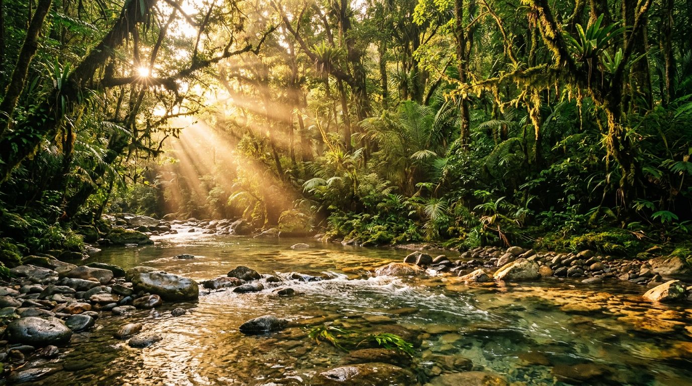 Protected rainforest canopy meeting a clear freshwater stream in warm light, representing Axis Marketing AI's commitment to defend nature through Rainforest Trust and charity: water