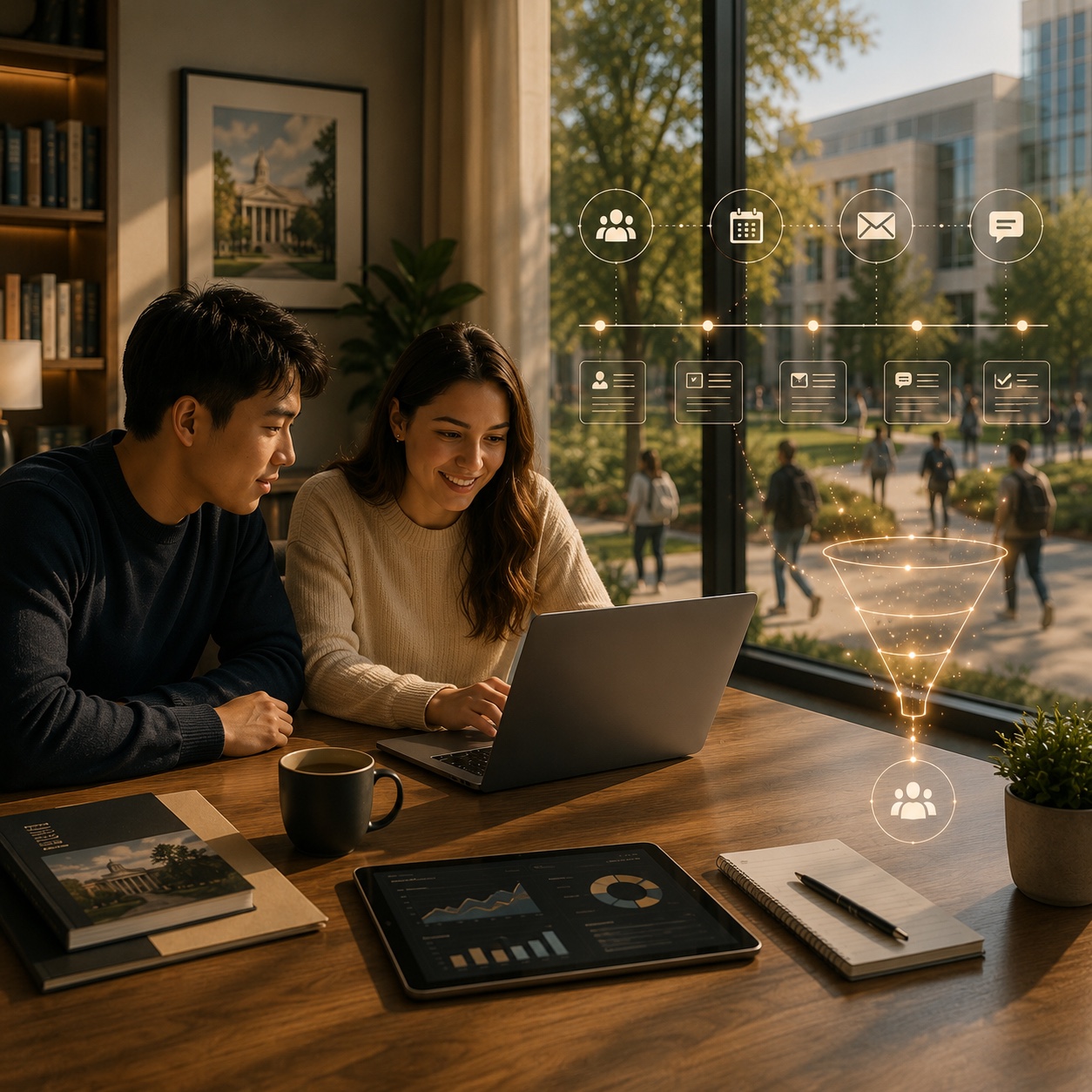 A modern learning space with natural light, representing AI marketing for education businesses, schools, and course creators