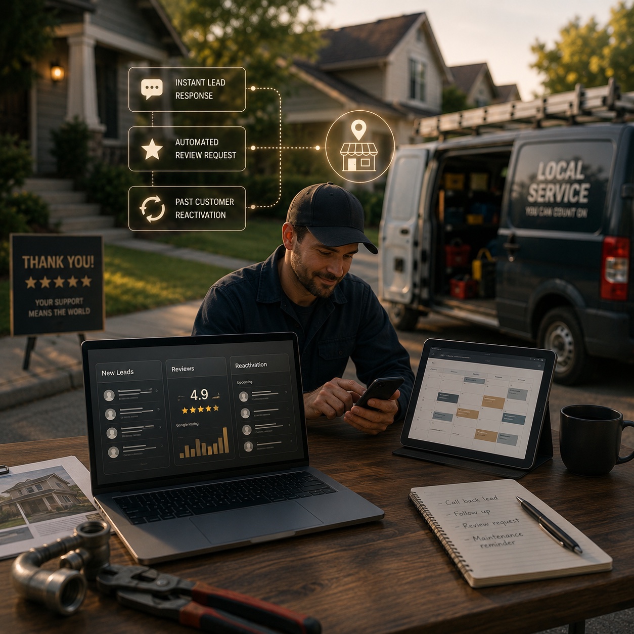 A local service business storefront at golden hour, representing marketing automation for local service businesses