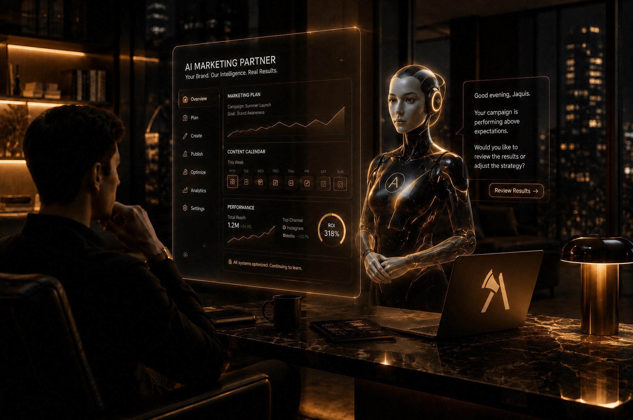 Jaquis Brantley, founder of Axis Marketing AI, explaining what an always-available AI marketing partner does for a business