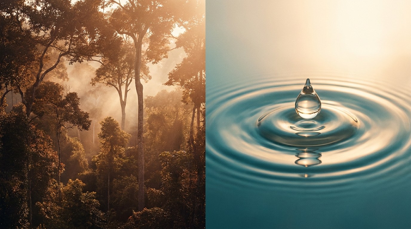Lush rainforest canopy blending into a clear droplet of clean water, the two causes Axis supports: Rainforest Trust and charity: water
